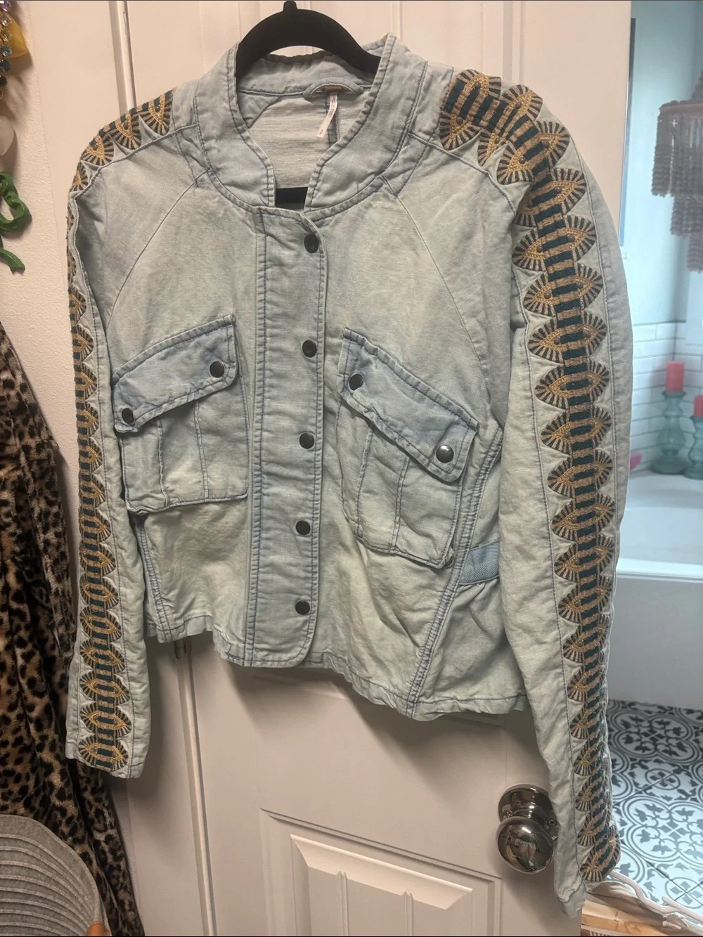 Free People Light Blue Embroidered Sleeve Jean Jacket - Picture 2 of 4